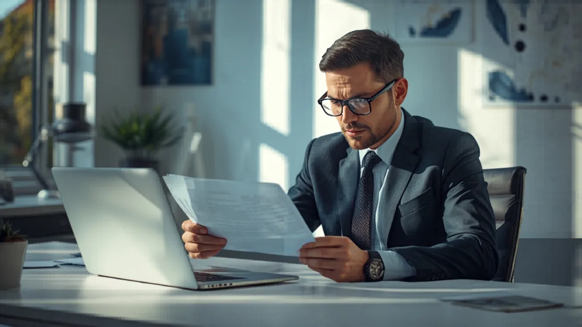 professional reviewing financial documents at modern office desk UK 2026