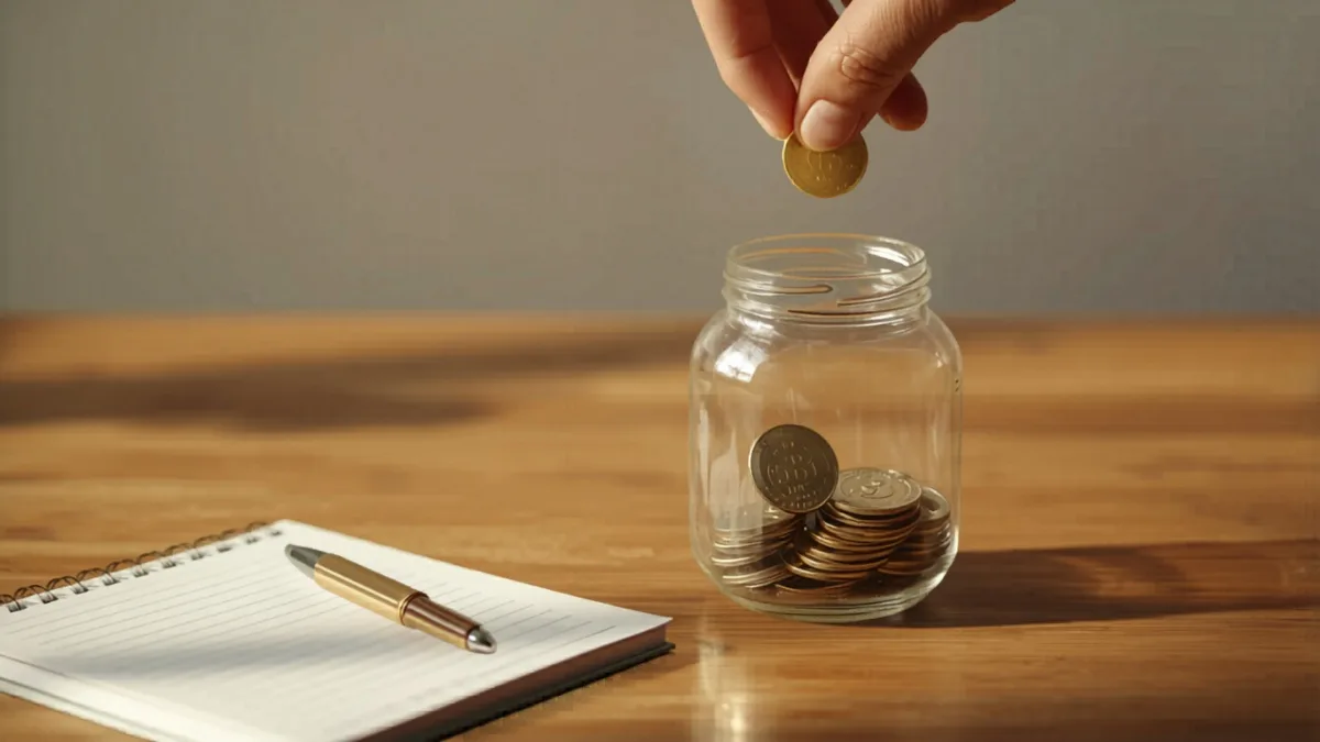 hand placing coin into savings jar representing emergency fund building