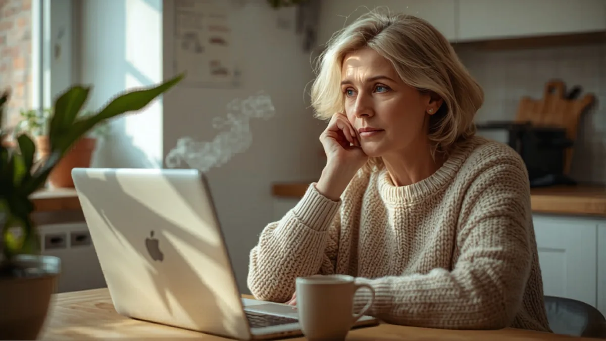 British woman reviewing household finances and bills in modern kitchen