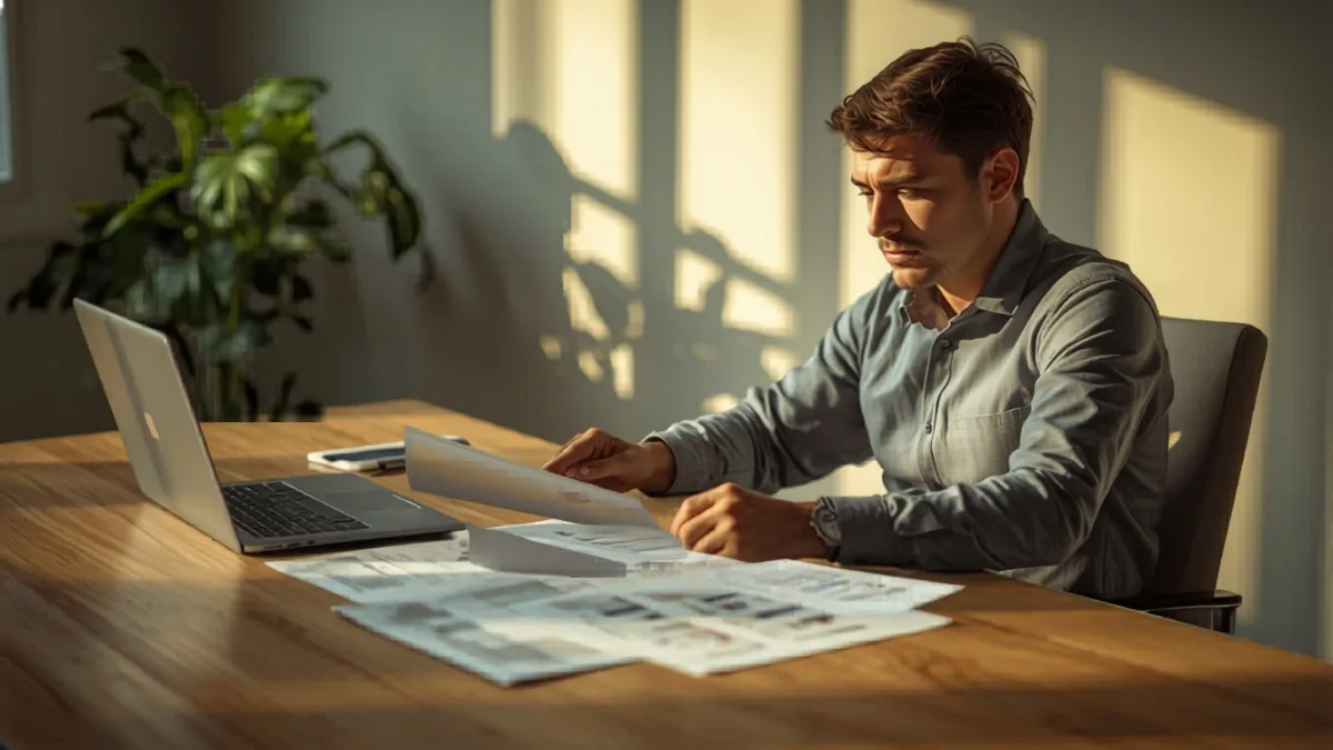 person reviewing investment documents with focused expression
