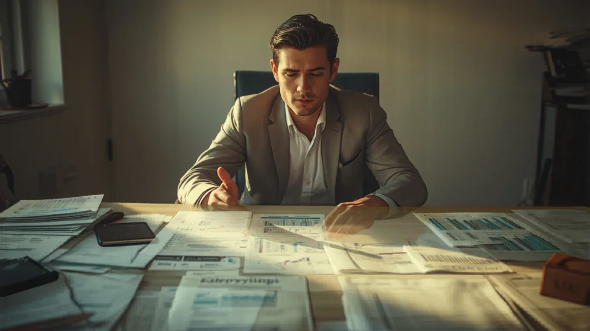 person comparing financial statements spread across desk