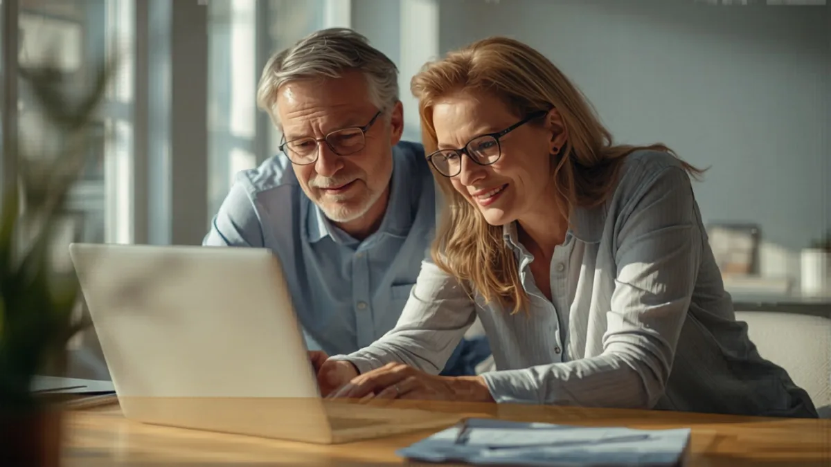 Couple reviewing retirement savings options on laptop in home office