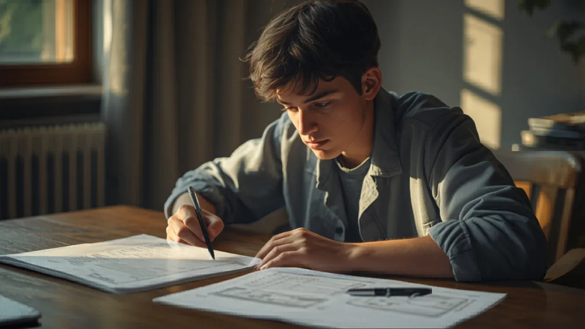 young person reviewing financial documents at desk